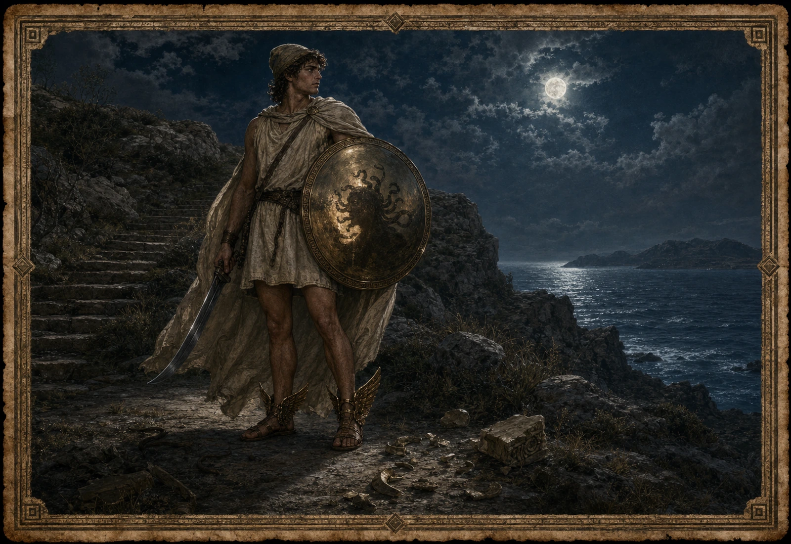 Archival-style Greek hero plate showing Perseus with mirrored shield, winged sandal, sickle blade, and sea-cliff studies.
