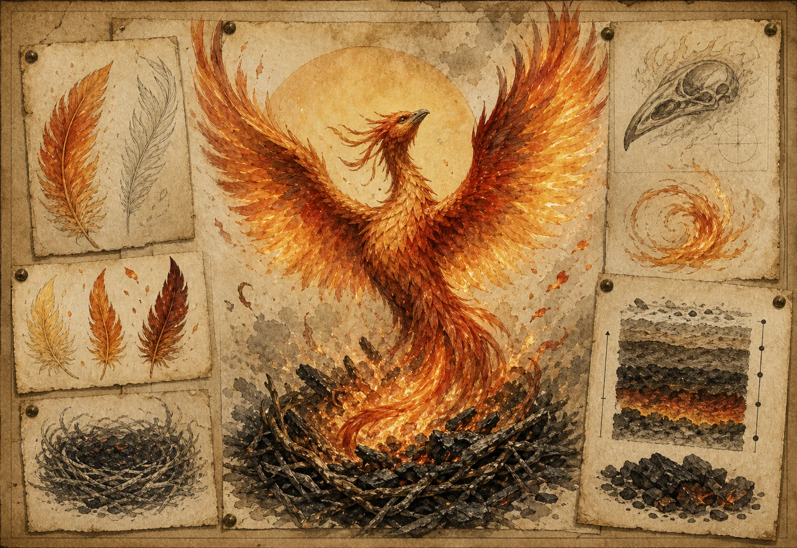 Archival-style illustration of a phoenix rising from ash with flame wings and a warm solar body.