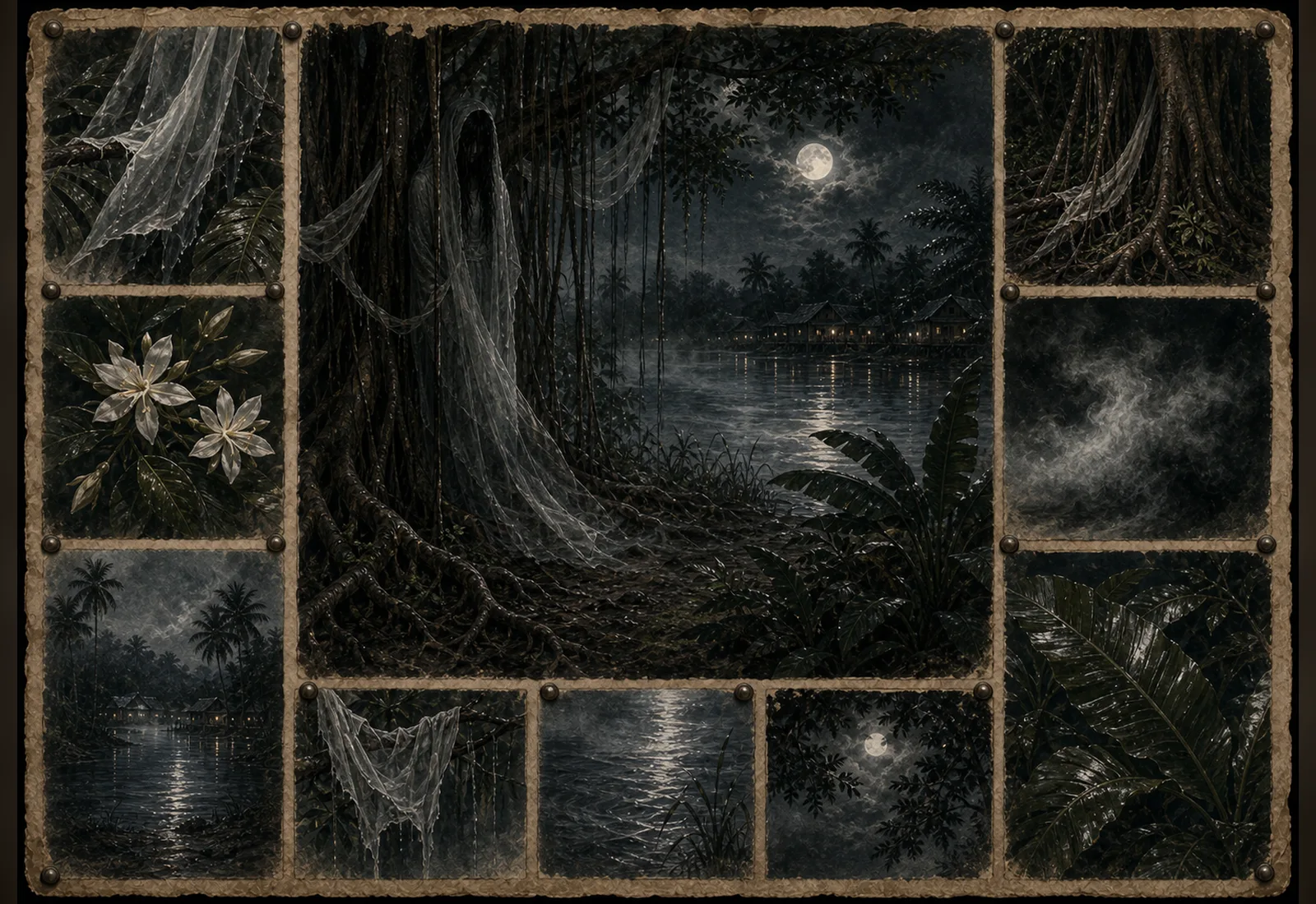 Archival-style tropical night plate showing Pontianak as a restrained tree-side spirit with jasmine, roots, and river studies.