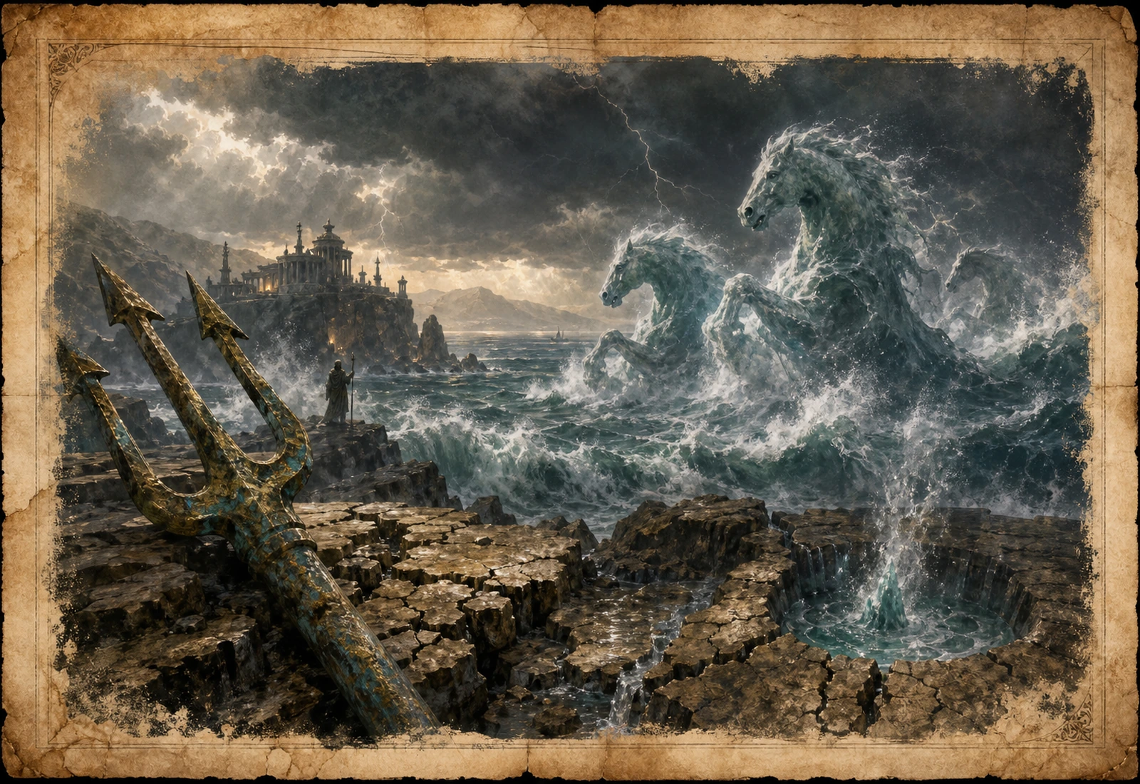Archival-style sea-storm plate for Poseidon with trident, breaking waves, horse-shaped surf, coast, and earthquake-crack studies.