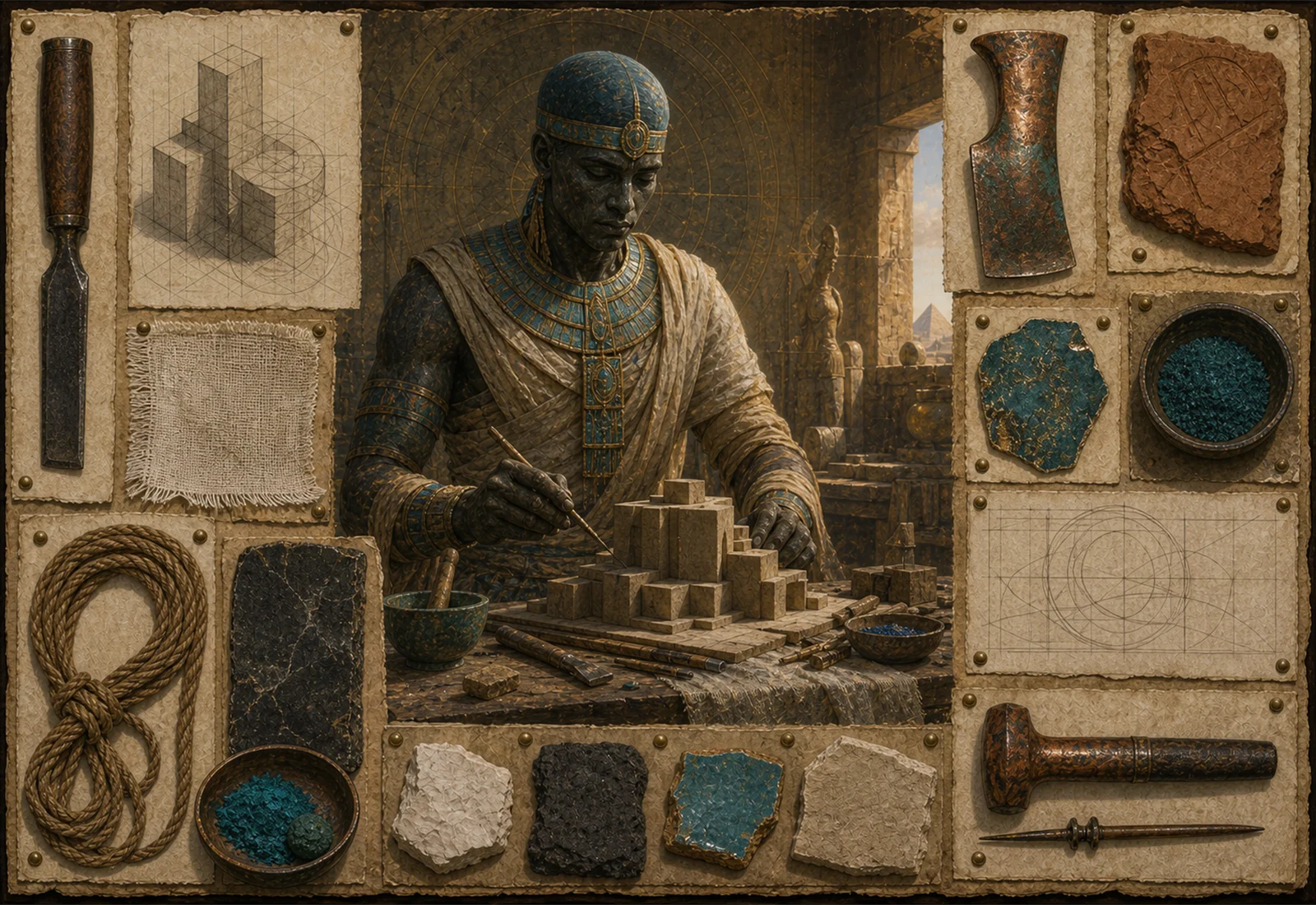 Archive reference plate of Ptah with craftsman tools, Memphis stonework, blue-green inlay, and creation studies.