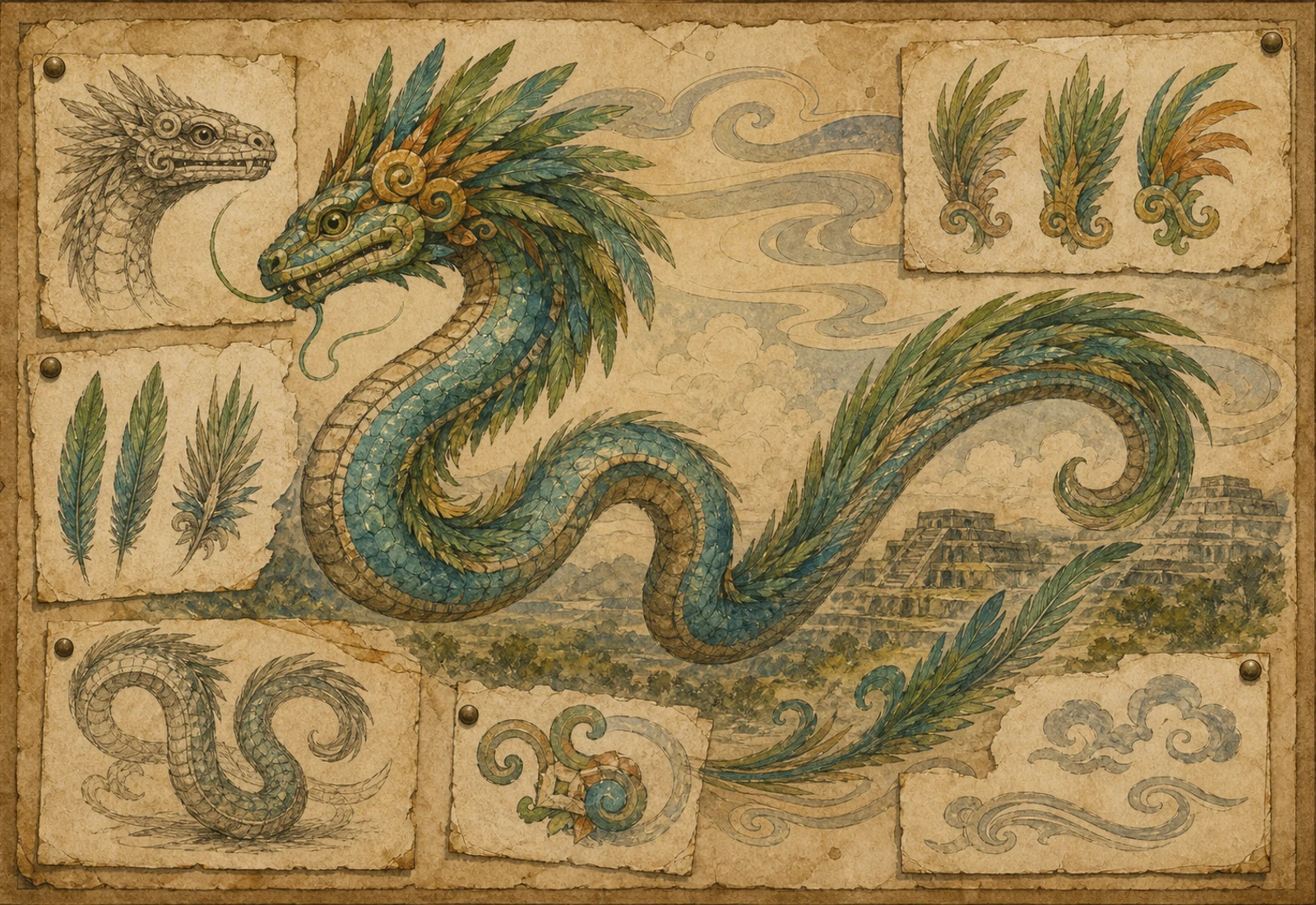 Archival-style illustration of a feathered serpent curve with jade plumage and a quiet field-note plate setting.