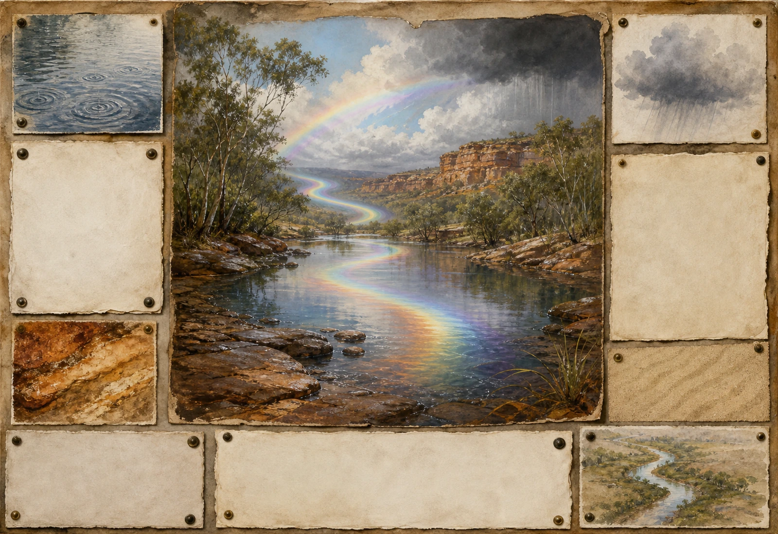 Archival-style landscape plate for Rainbow Serpent with waterway, rain, rainbow light, landform, and weather studies.