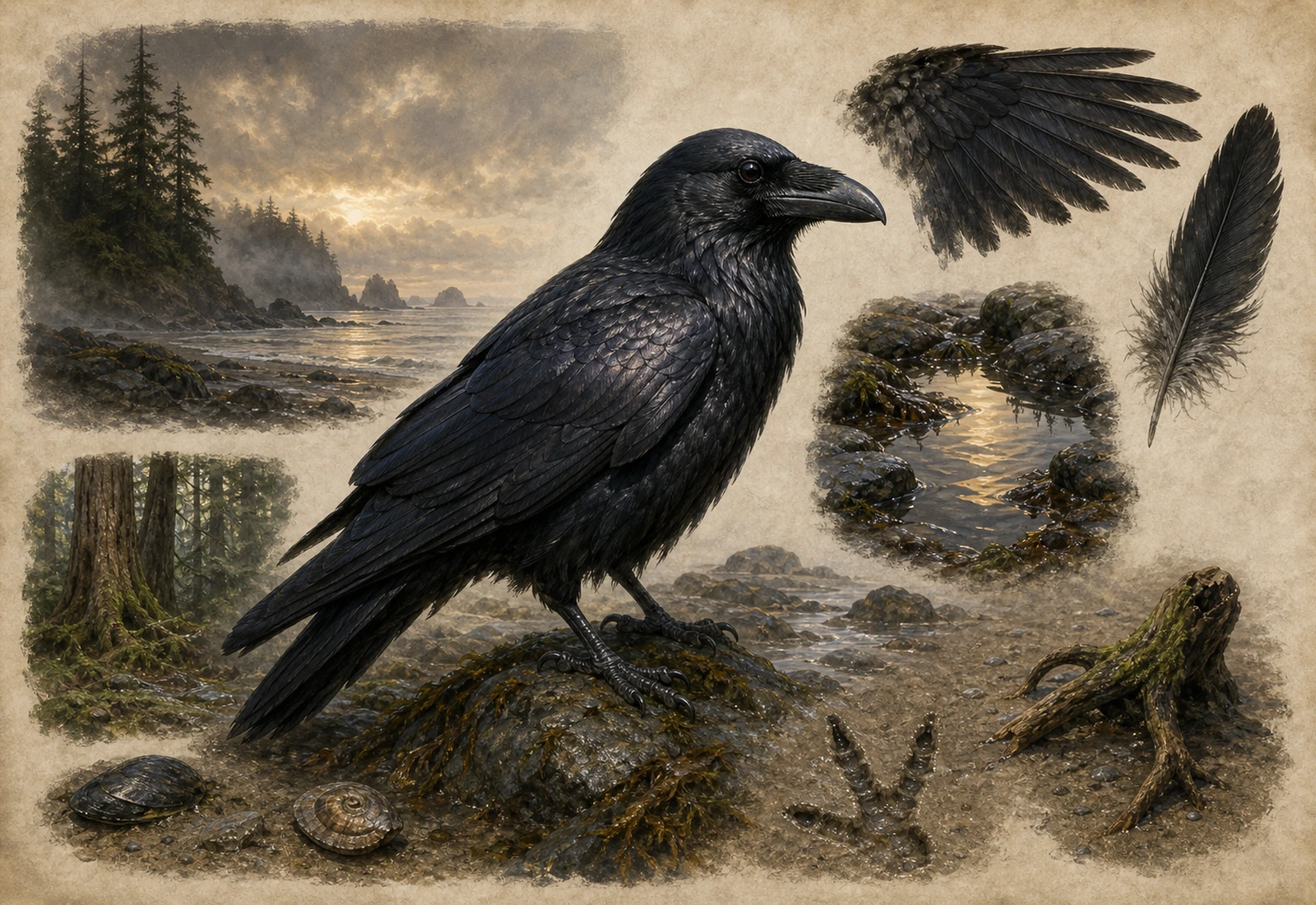 Archival-style coastal forest plate showing Raven Trickster through raven, feather, tidepool, forest, stone, and light studies.