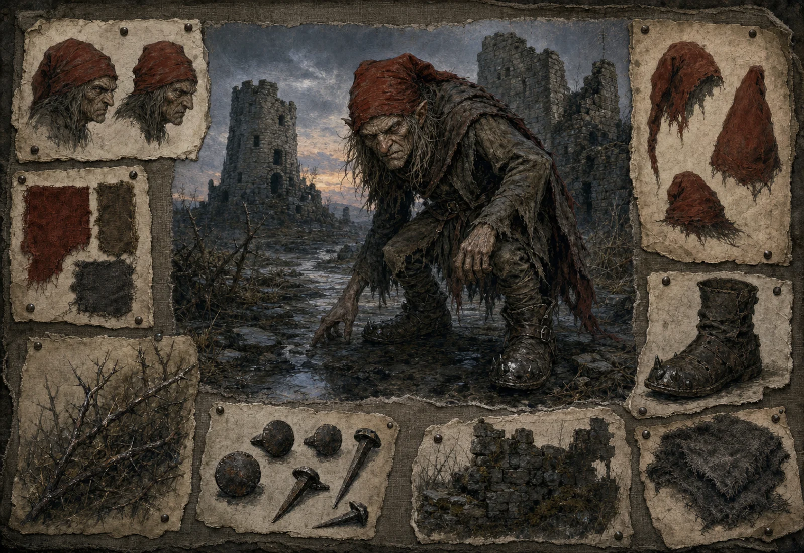Archive reference plate of Redcap near ruined border stones with red cloth, rocky terrain, and tool studies.