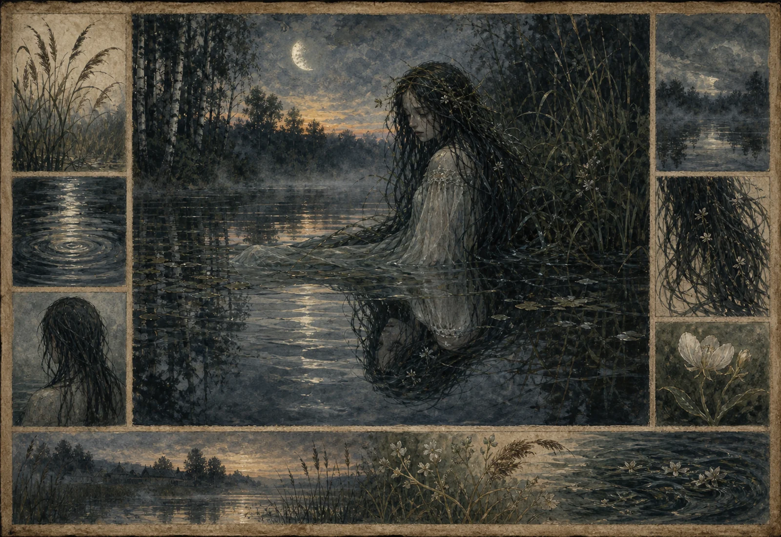 Archival-style water-spirit plate showing Rusalka by reeds, moonlit river, wet hair, lily, and shoreline studies.
