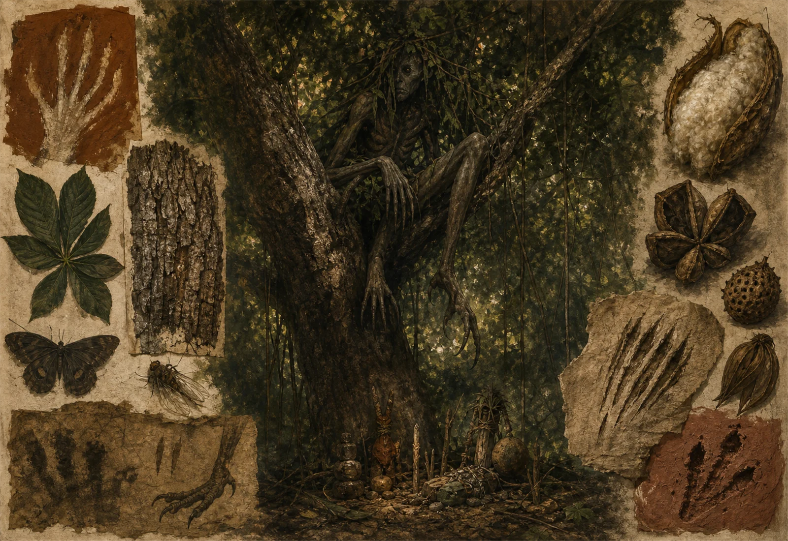 Archive reference plate of Sasabonsam with dense forest, tree-linked forms, and leaf and claw studies.