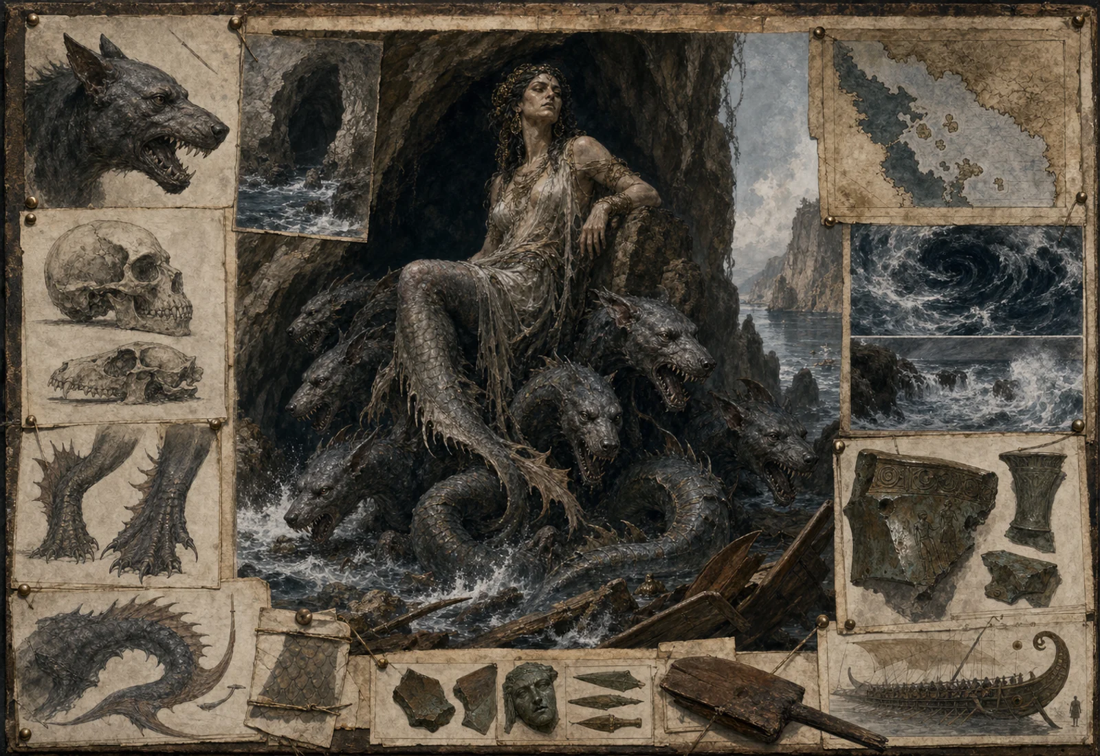 Archival-style strait-monster plate for Scylla with cliff cave, sea-dogs, rocks, waves, broken oar, and navigation studies.