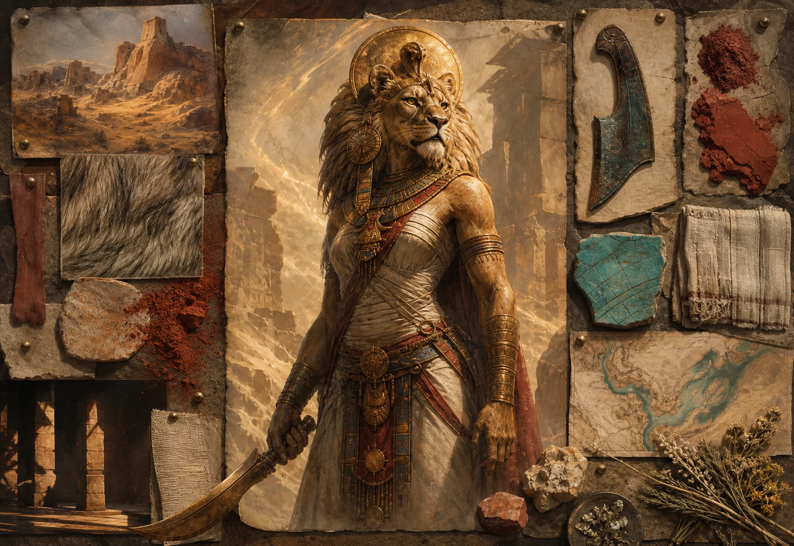 Archive reference plate of Sekhmet with lioness-headed solar warrior imagery, desert light, and healing studies.