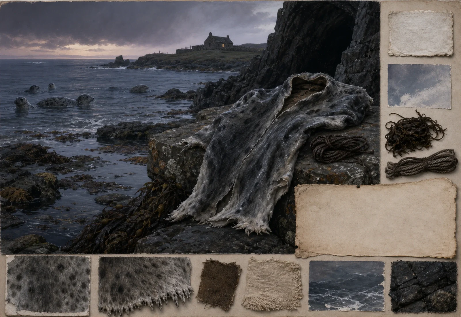 Archival-style North Atlantic plate for Selkie with seal skin on rocks, storm coast, fur, tidepool, and longing-sea studies.
