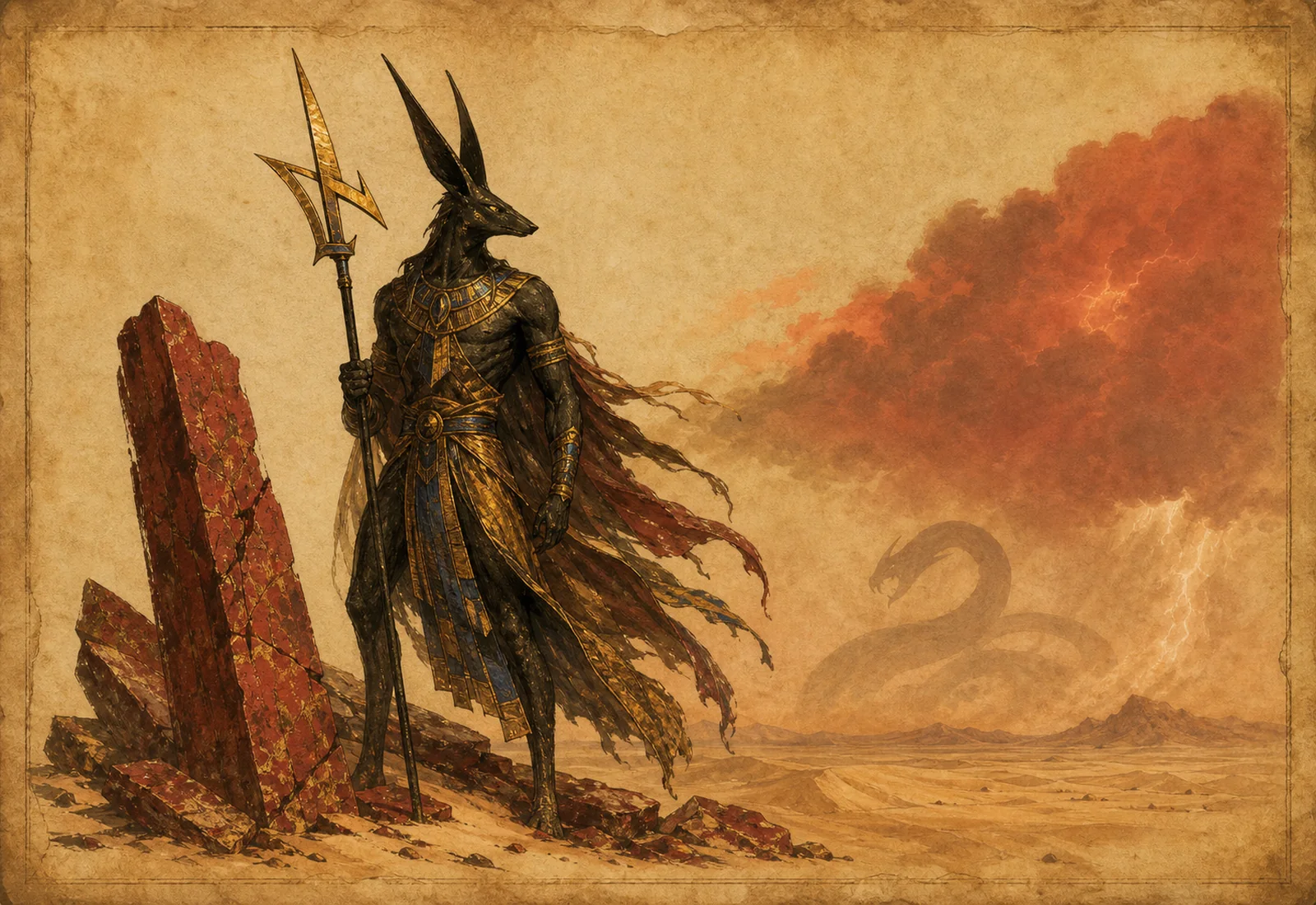Archival-style desert storm plate for Set with a long-eared symbolic figure, red stone, staff, and distant chaos-serpent shadow.