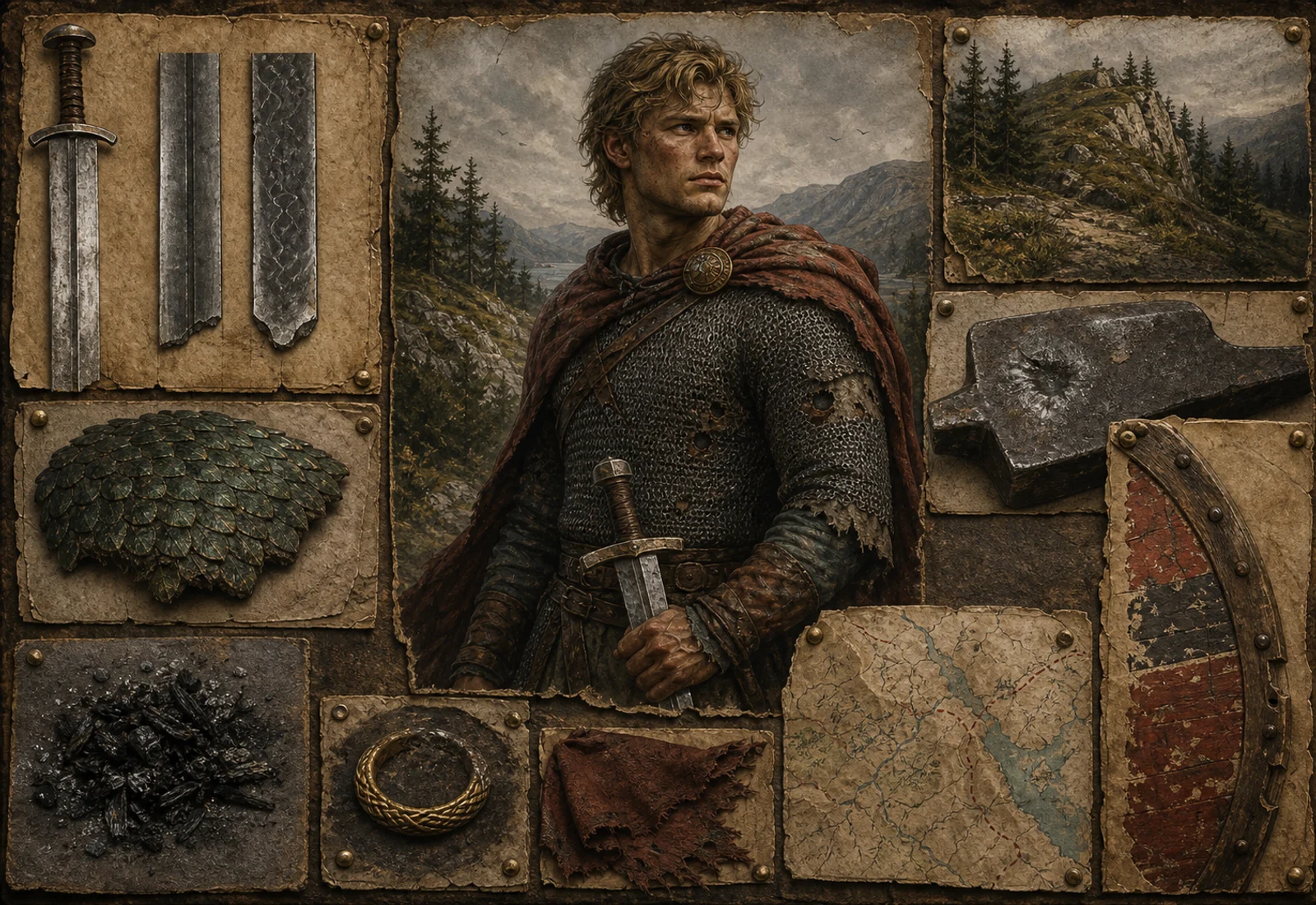 Archive reference plate of Sigurd with sword, shield, dragon scale, ring, and northern landscape studies.