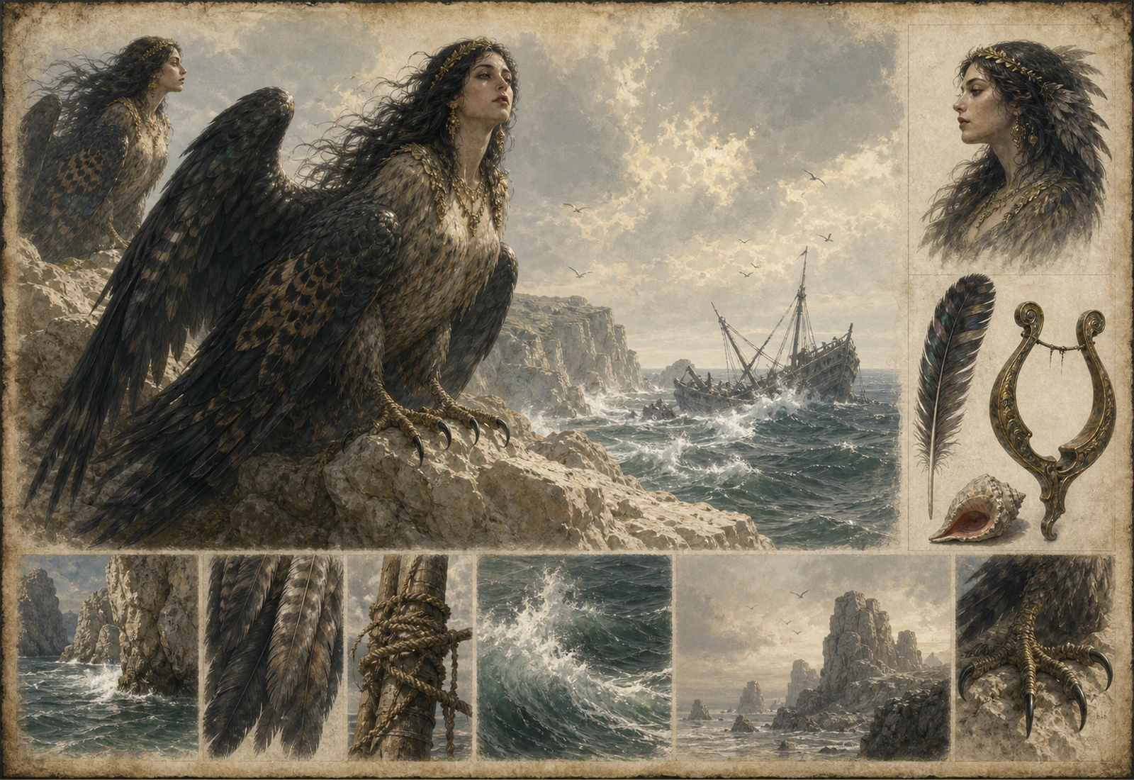 Archival-style illustration of a Greek Siren with birdlike wings, sea rocks, and musical wave studies.