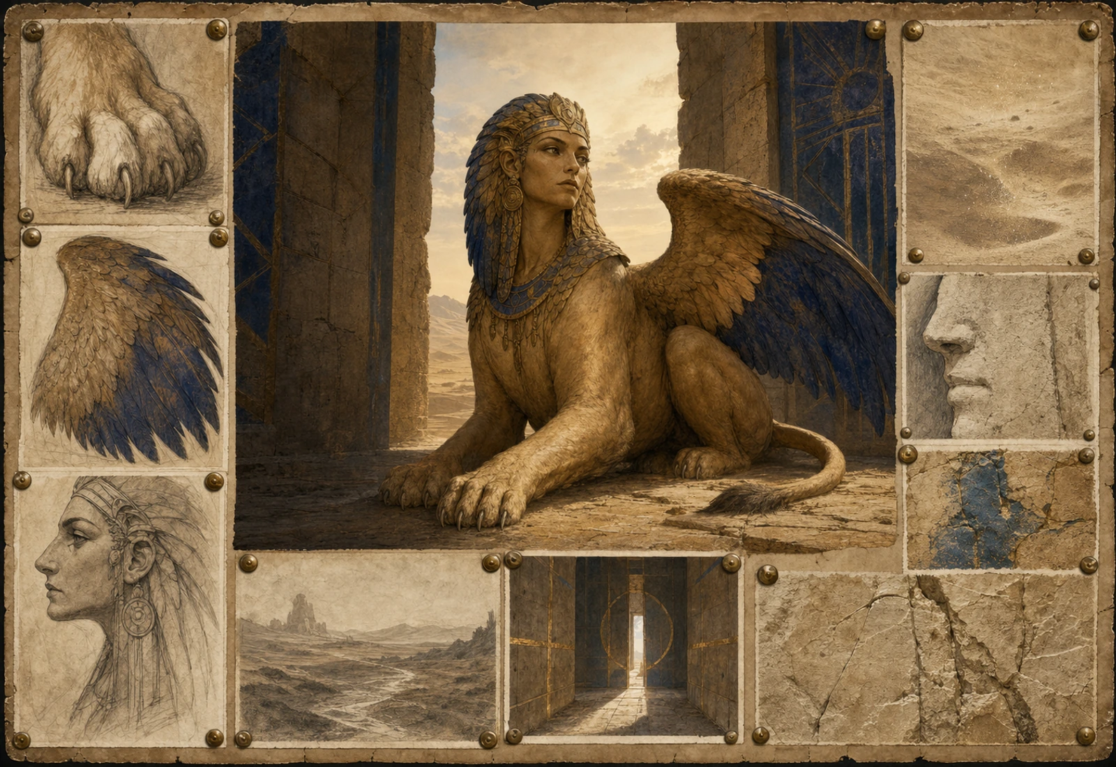 Archival-style desert plate showing a sphinx guardian with wing, lion paw, face, stone, and passage studies.