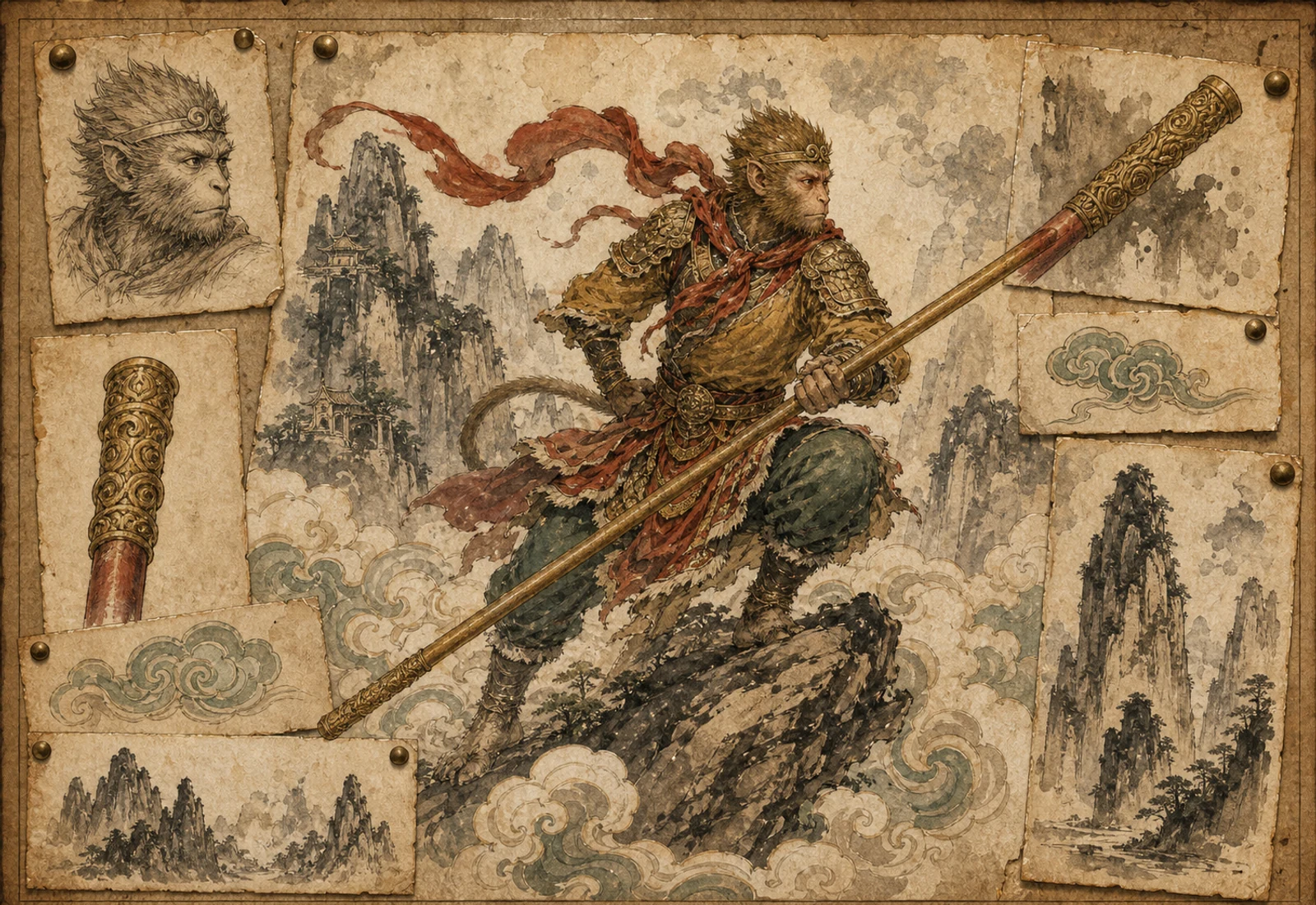 Archival-style illustration of Sun Wukong symbols with a monkey-hero face, cloud curls, and a diagonal staff.