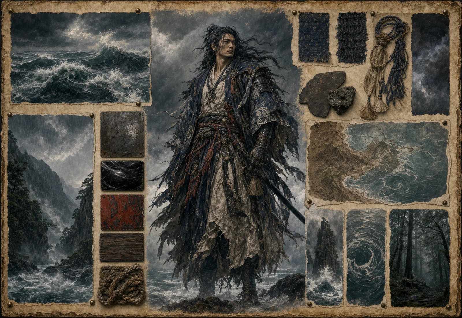 Archive reference plate of Susanoo with storm seas, serpent hints, and wind-torn material studies.