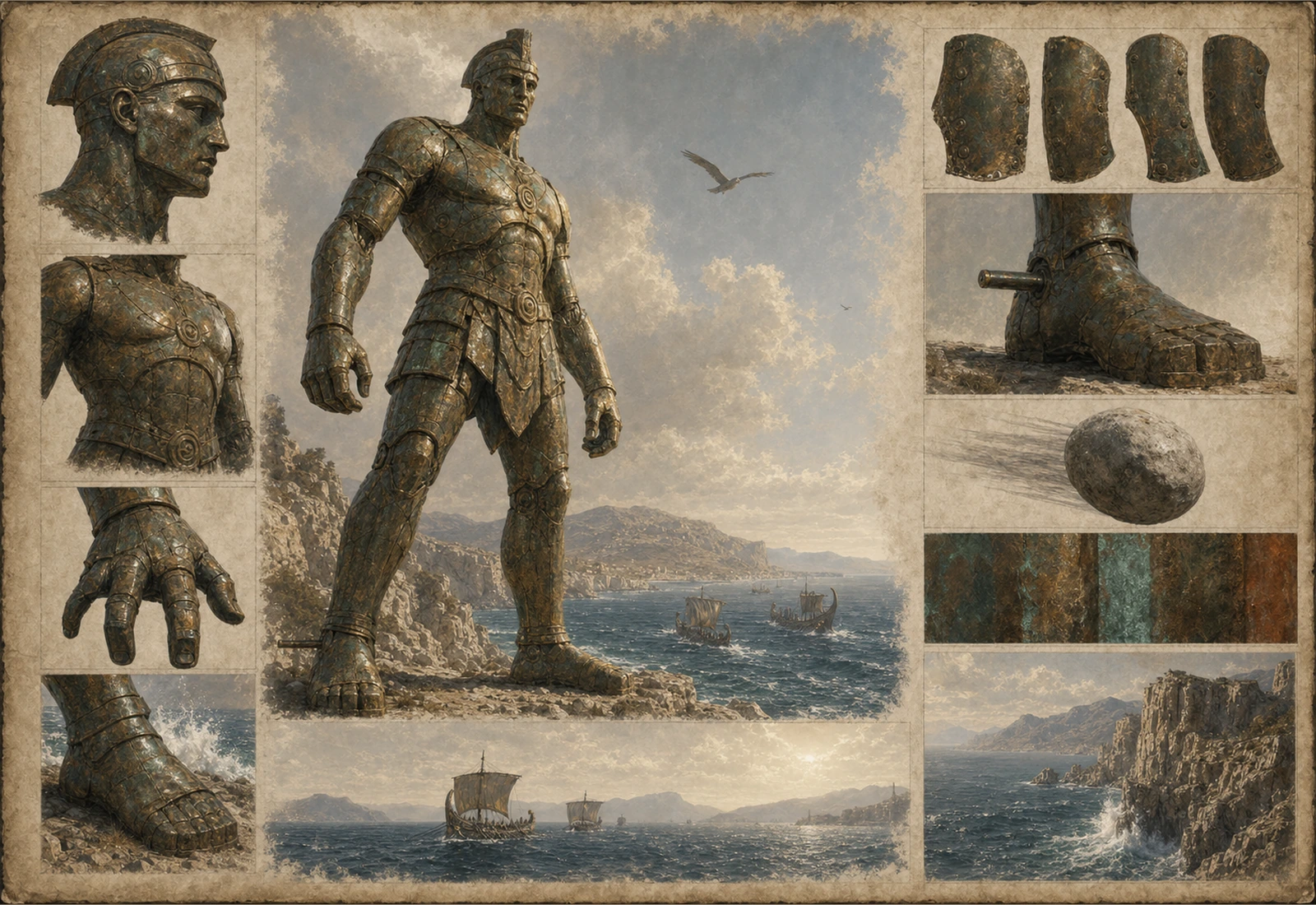 Archival-style illustration of Talos as a bronze guardian of Crete with mechanism, vein, and island-border studies.