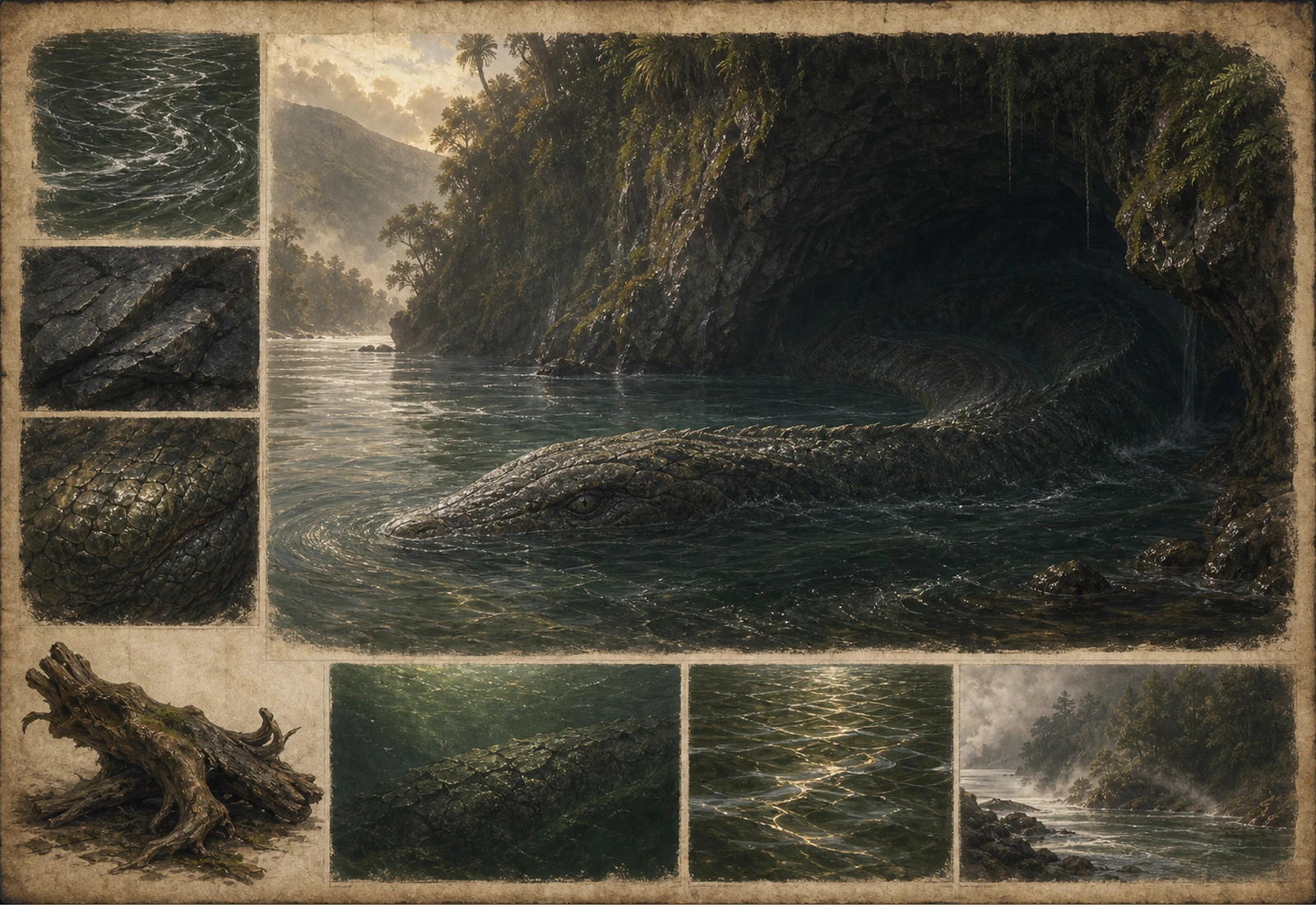 Archival-style illustration of Taniwha as a powerful water presence with river, cave, and current studies.