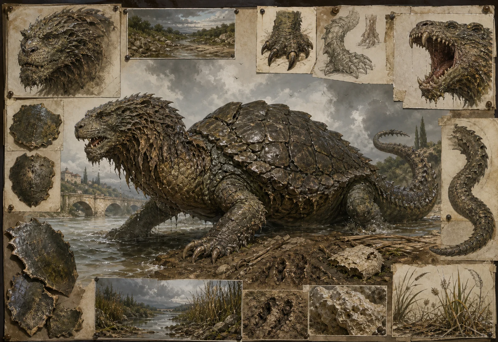Archive reference plate of Tarasque as a river dragon with shell, claw, scale, and Provence landscape studies.