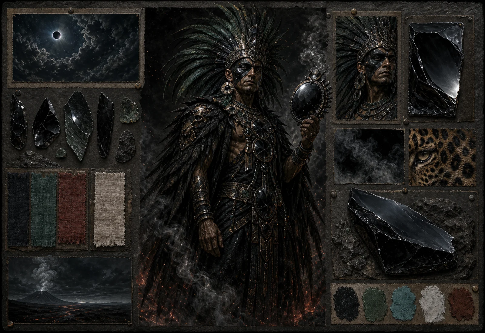 Archive reference plate of Tezcatlipoca with obsidian mirror, night sky, jaguar texture, and material samples.