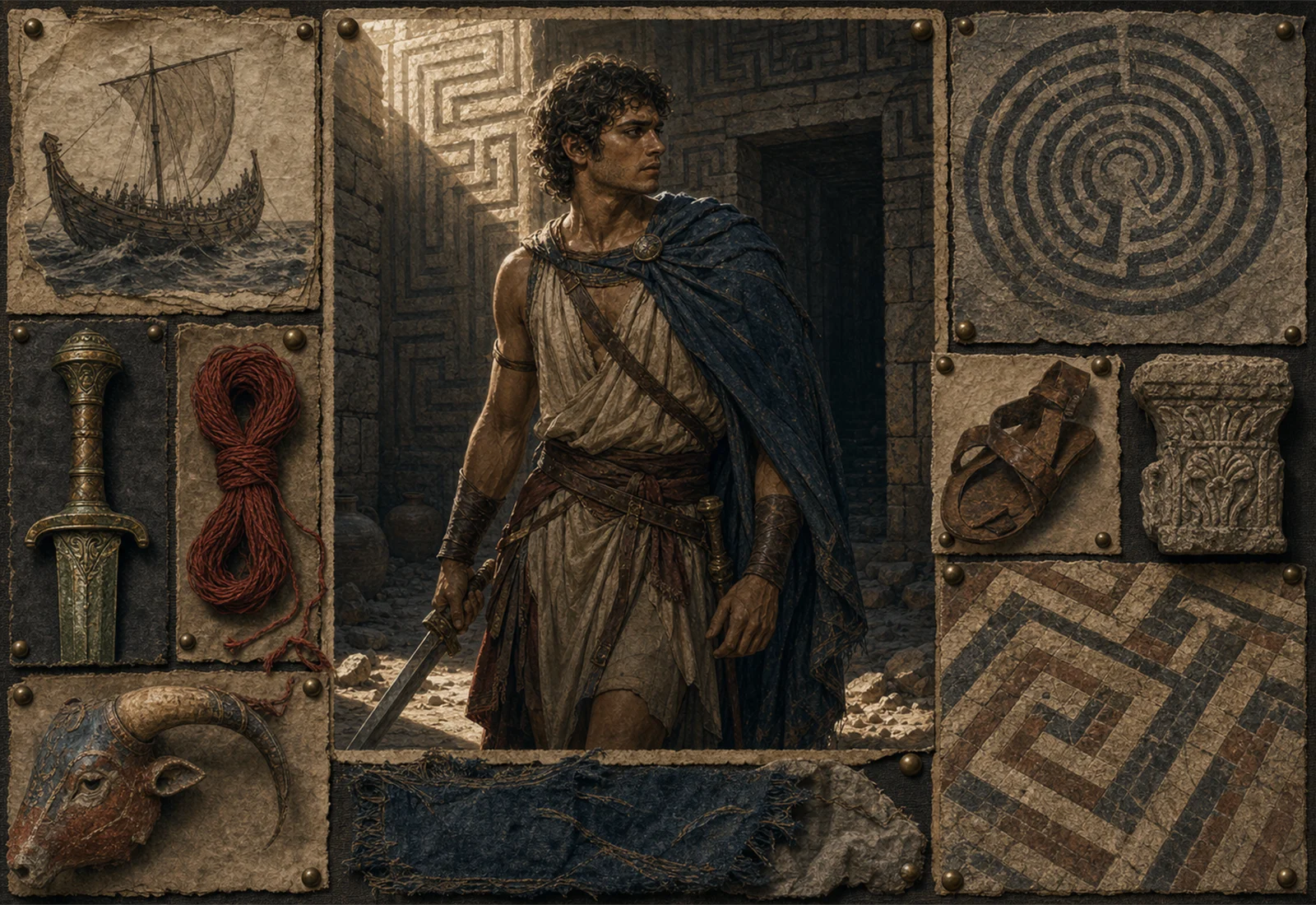 Archive reference plate of Theseus with sword, ship, labyrinth pattern, thread, and Cretan stone studies.