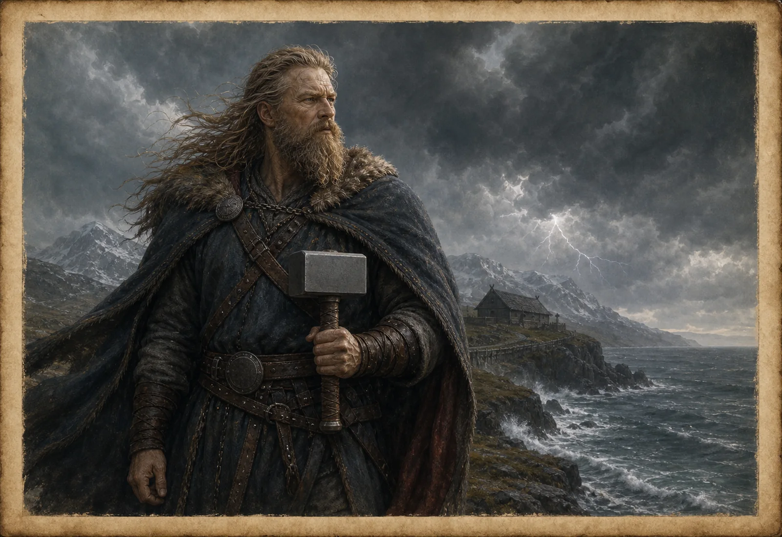 Archival-style storm coast plate showing Thor with a plain hammer, fur cloak, mountains, lightning, and sea-cliff studies.