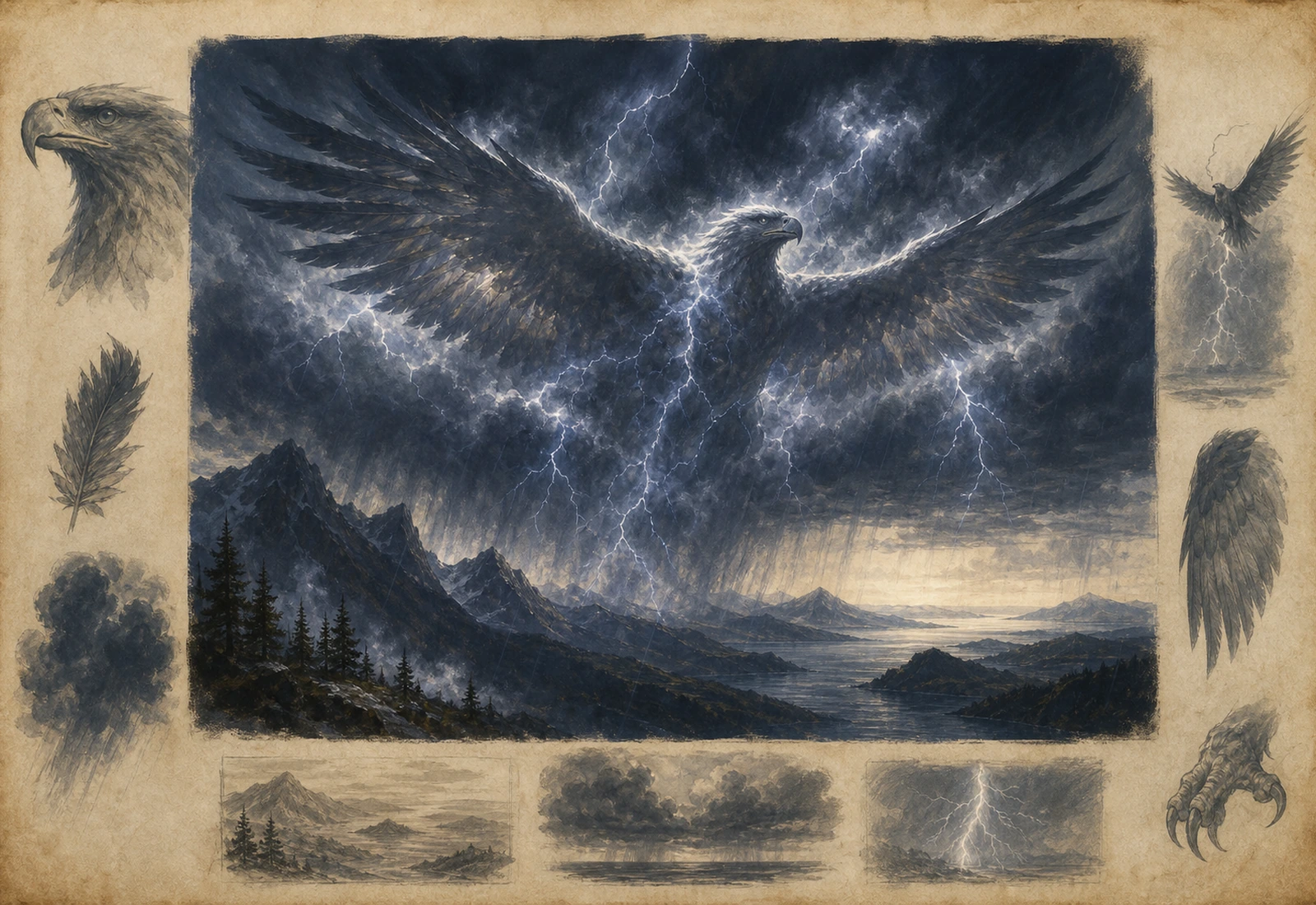Archival-style storm-bird plate for Thunderbird with lightning, rain clouds, black wings, feathers, and mountain studies.