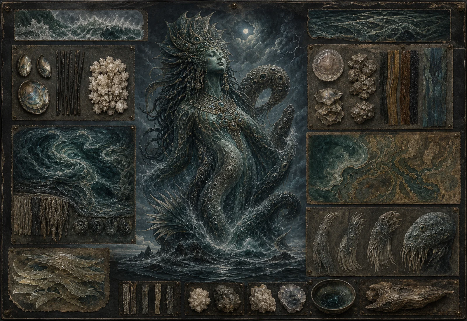 Archive reference plate of Tiamat as a primordial sea and chaos figure with wave, scale, and shell studies.