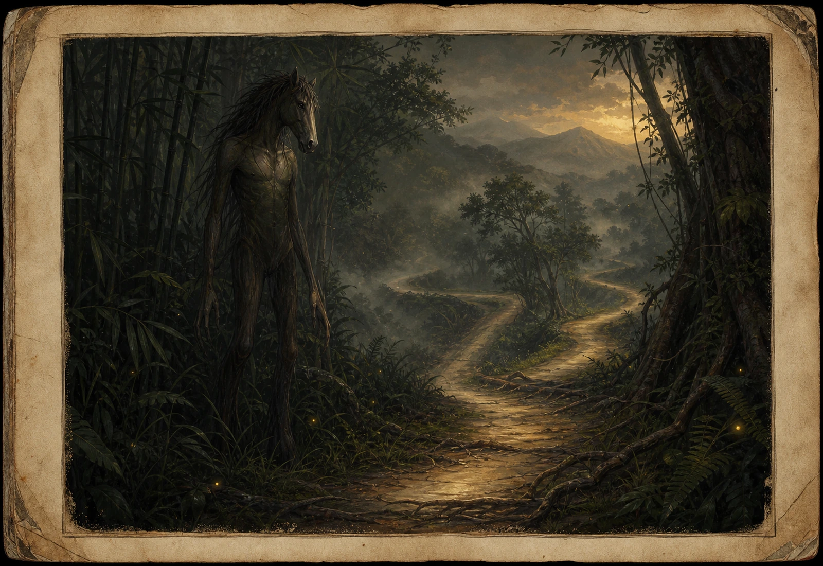 Archival-style forest-road plate showing Tikbalang through a hidden horse-headed figure, winding path, bamboo, mist, and shadow studies.