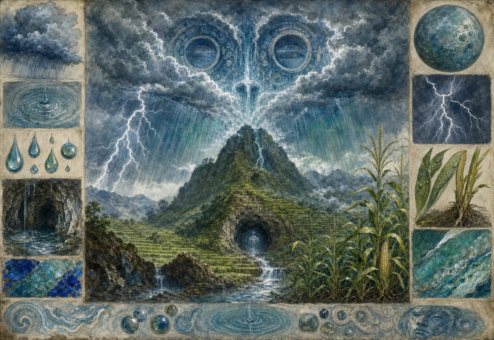 Archival-style rain-and-mountain plate for Tlaloc with storm cloud, water, maize, stone, and abstract weather studies.