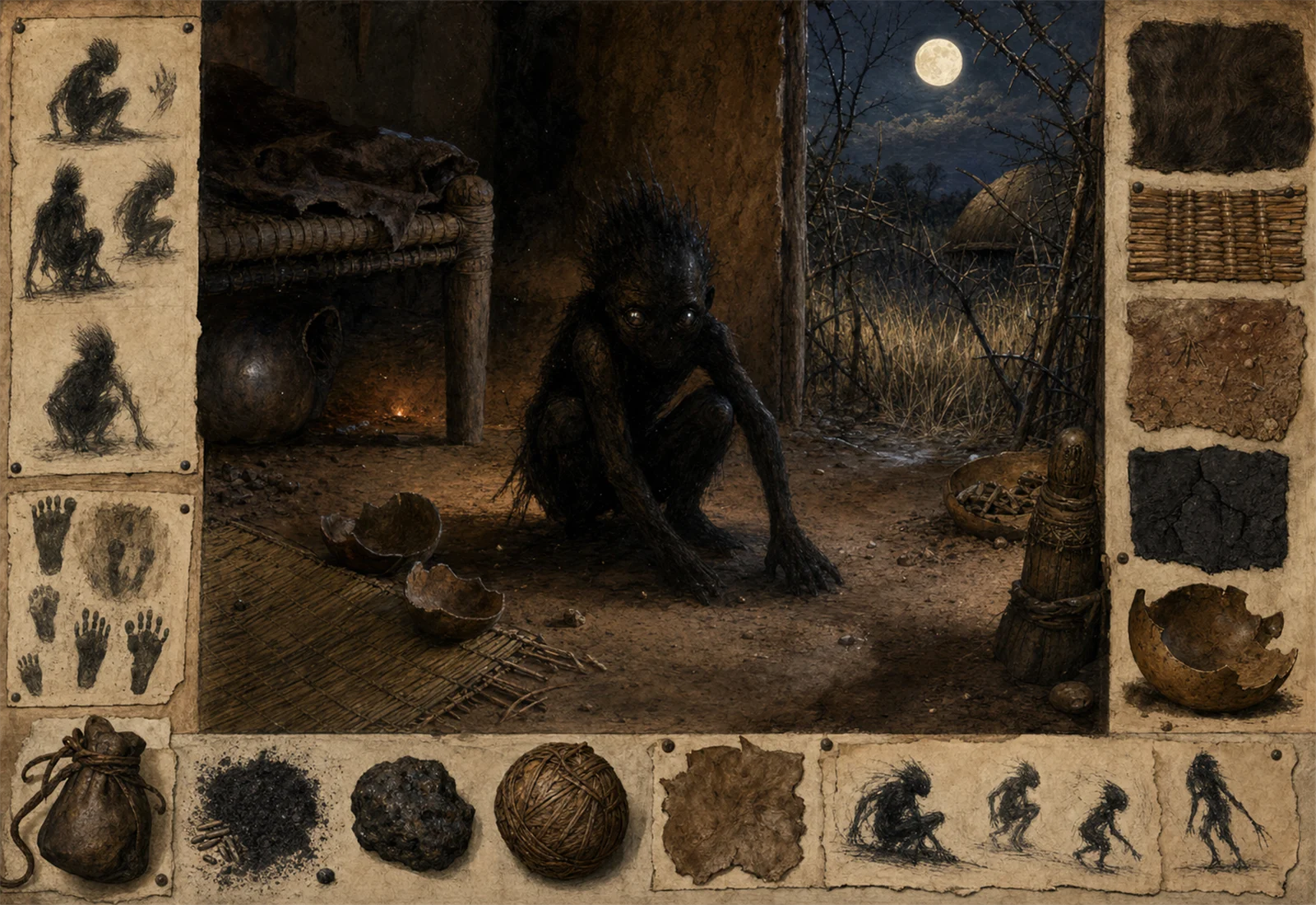 Archive reference plate of Tokoloshe with a night household scene, small shadow figures, and material studies.
