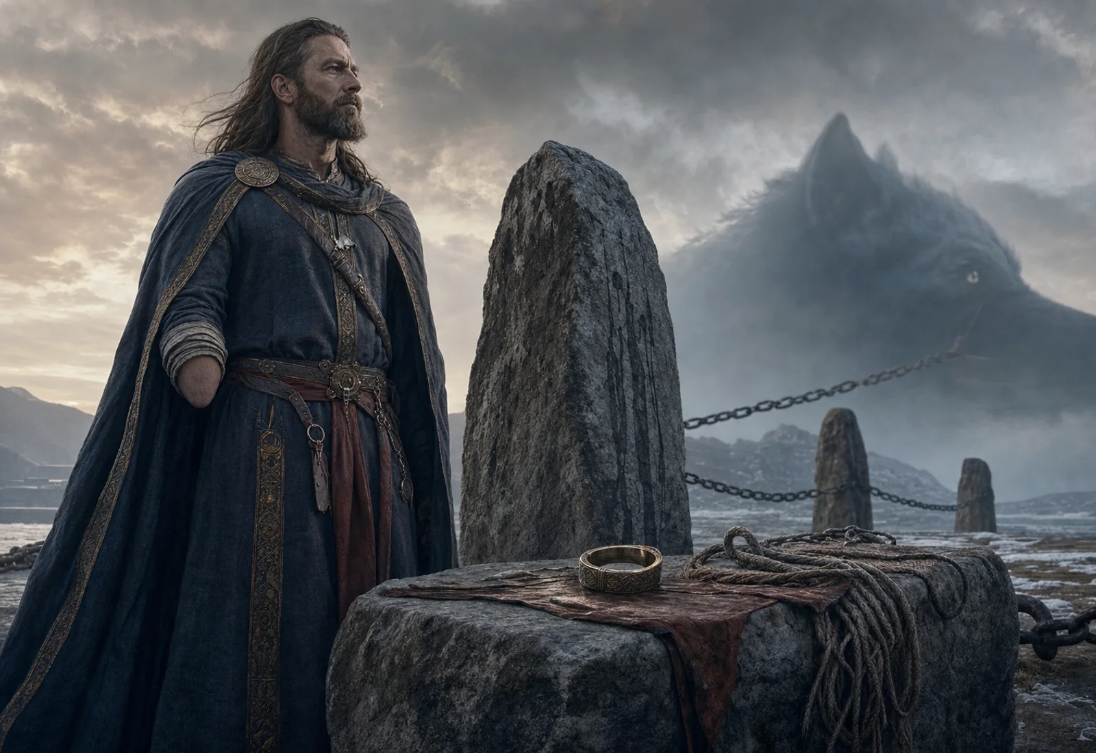 Archival-style oath-stone plate for Tyr with one-handed warrior, standing stone, binding chain, bowl, mountains, and law studies.