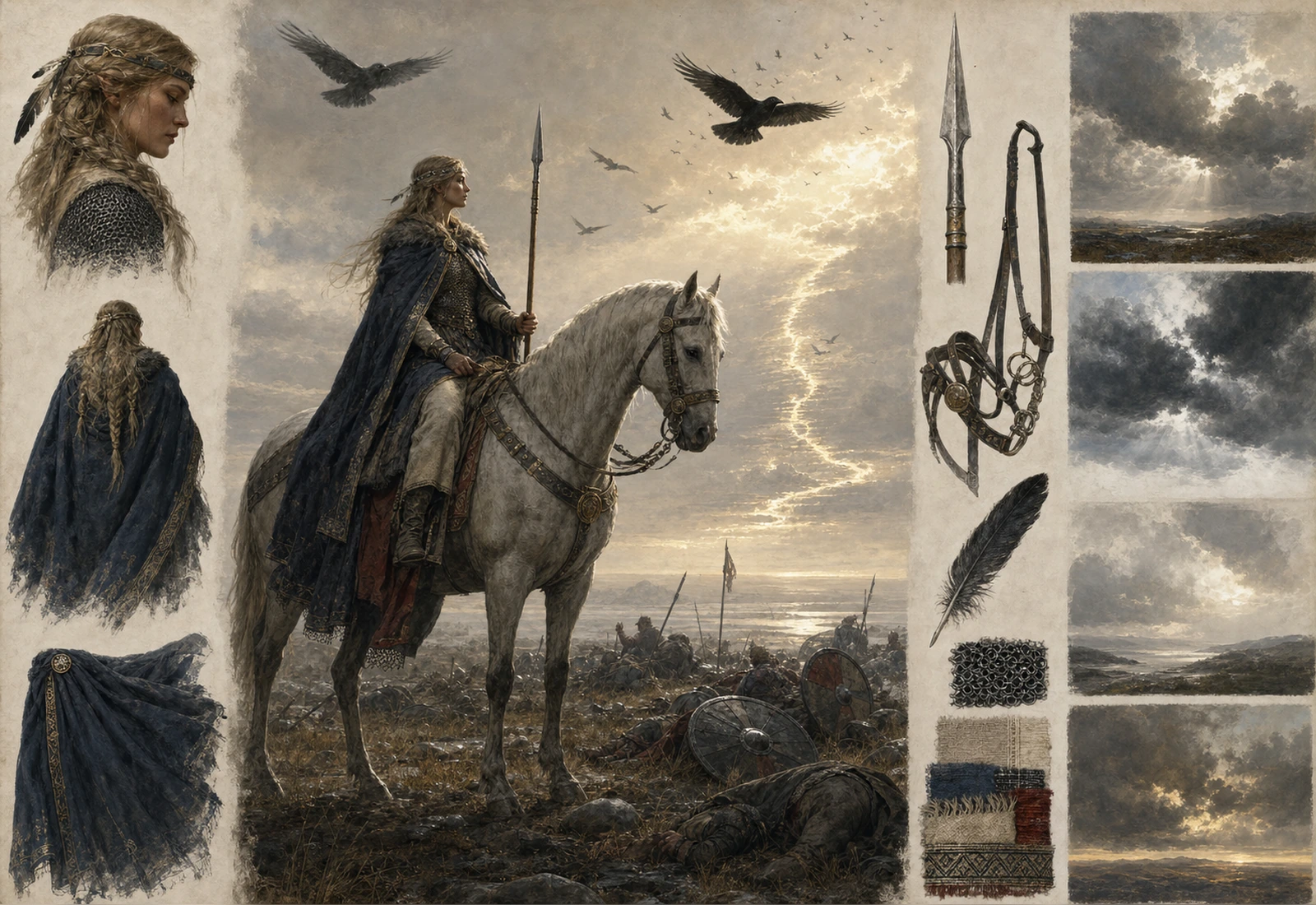 Archival-style illustration of a Valkyrie over a battlefield sky with spear, horse, and fate-token studies.