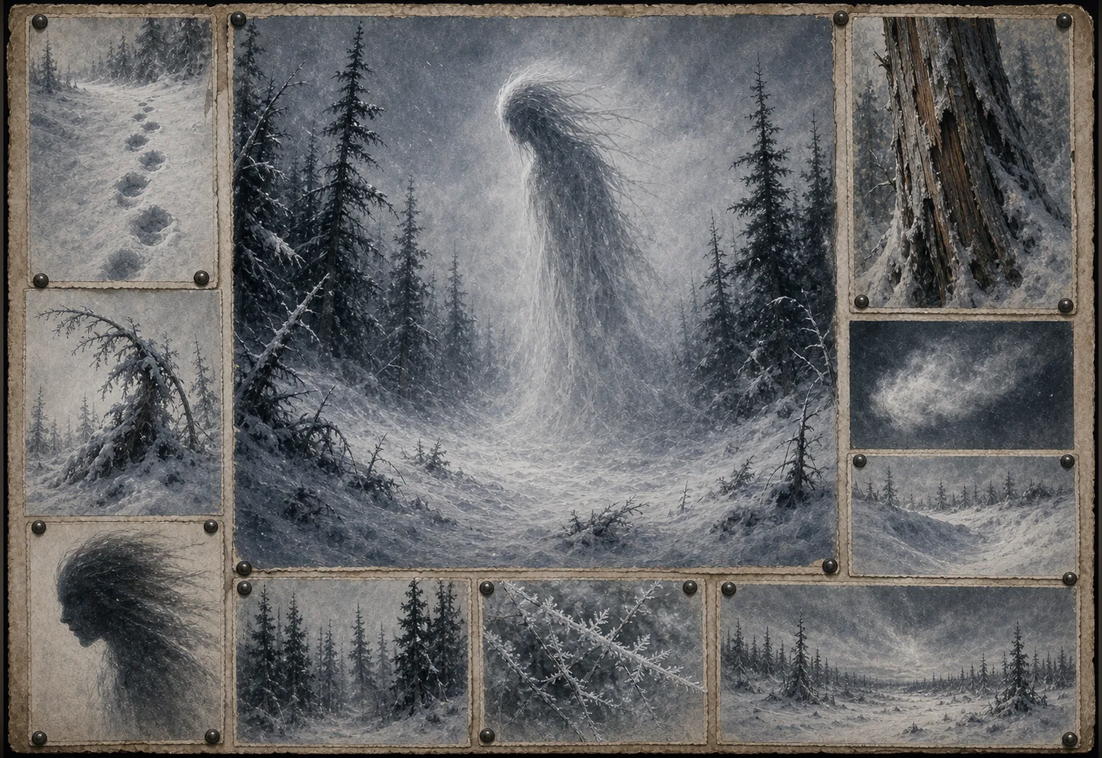 Archival-style winter forest plate showing Wendigo as a restrained hunger-spirit silhouette with snow, tracks, and tree studies.