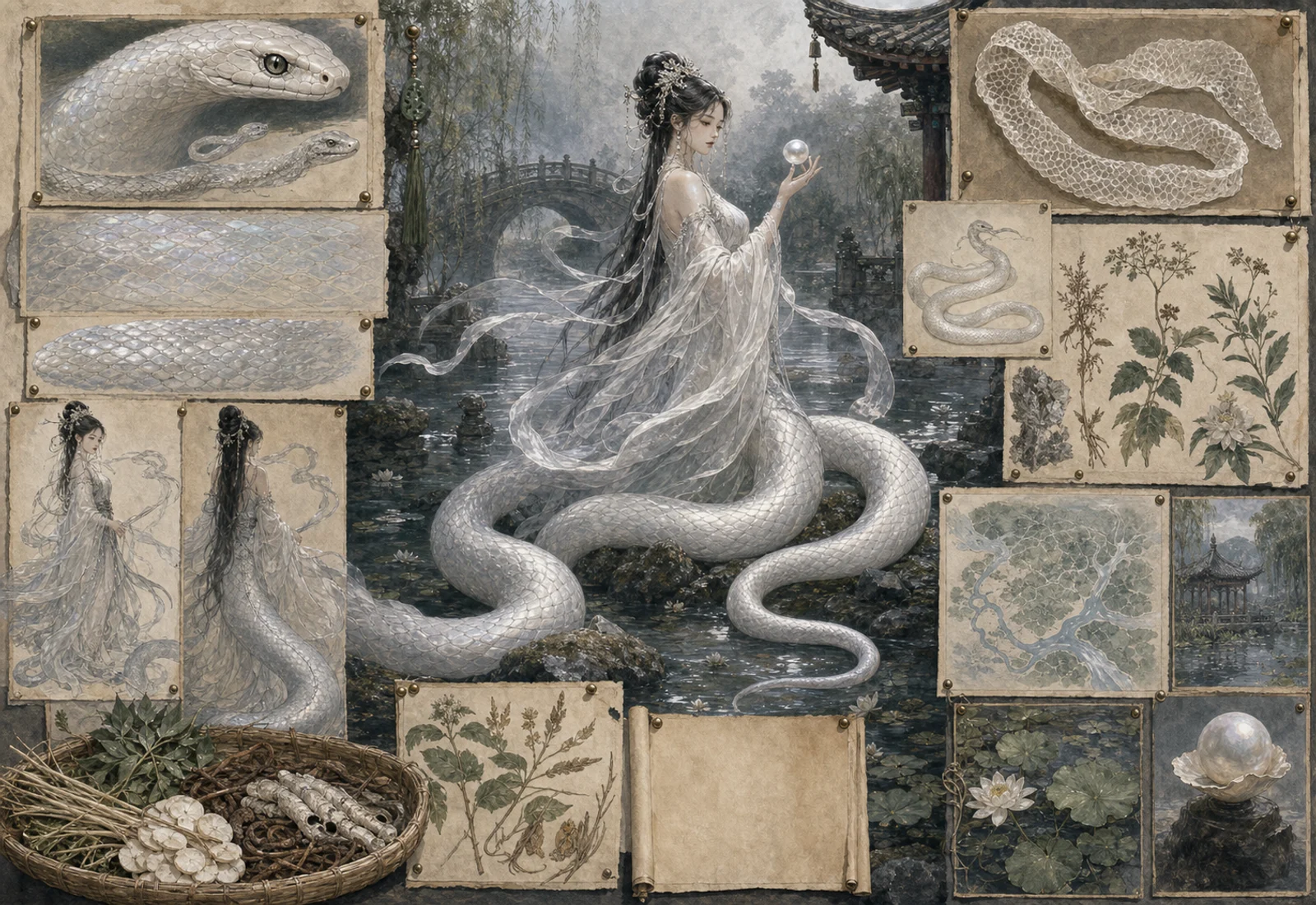 Archival-style transformation plate for White Snake with white serpent, robed woman, misty water, eggs, lotus, and bridge studies.