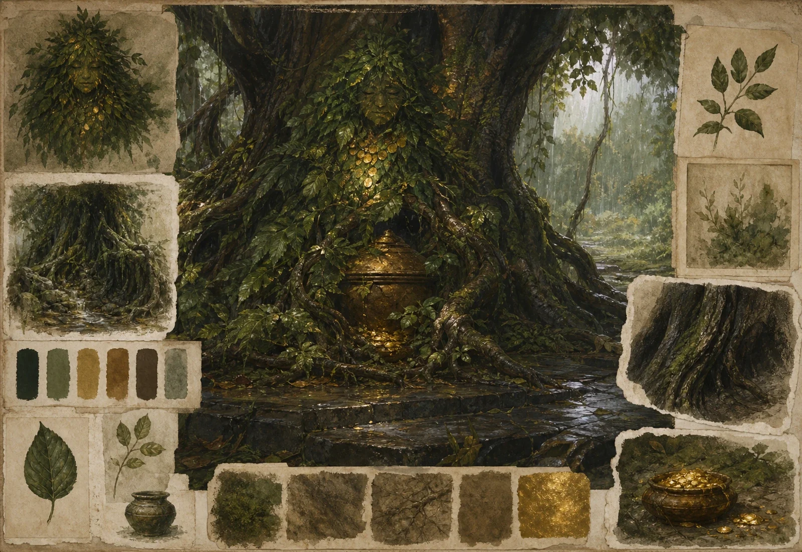 Archival-style grove-guardian plate for Yaksha with tree hollow, moss, leaves, hidden gold bowl, and nature-spirit studies.