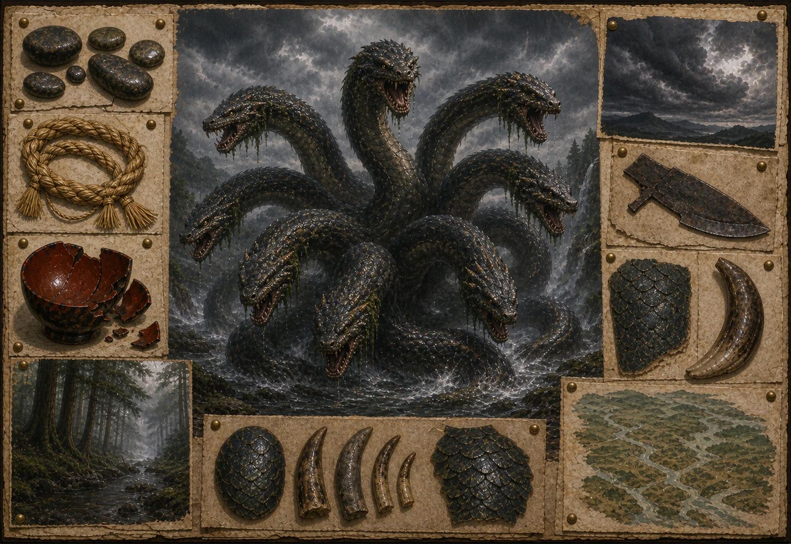 Archive reference plate of Yamata no Orochi with many serpent heads, storm water, sake vessel, sword, and scale studies.