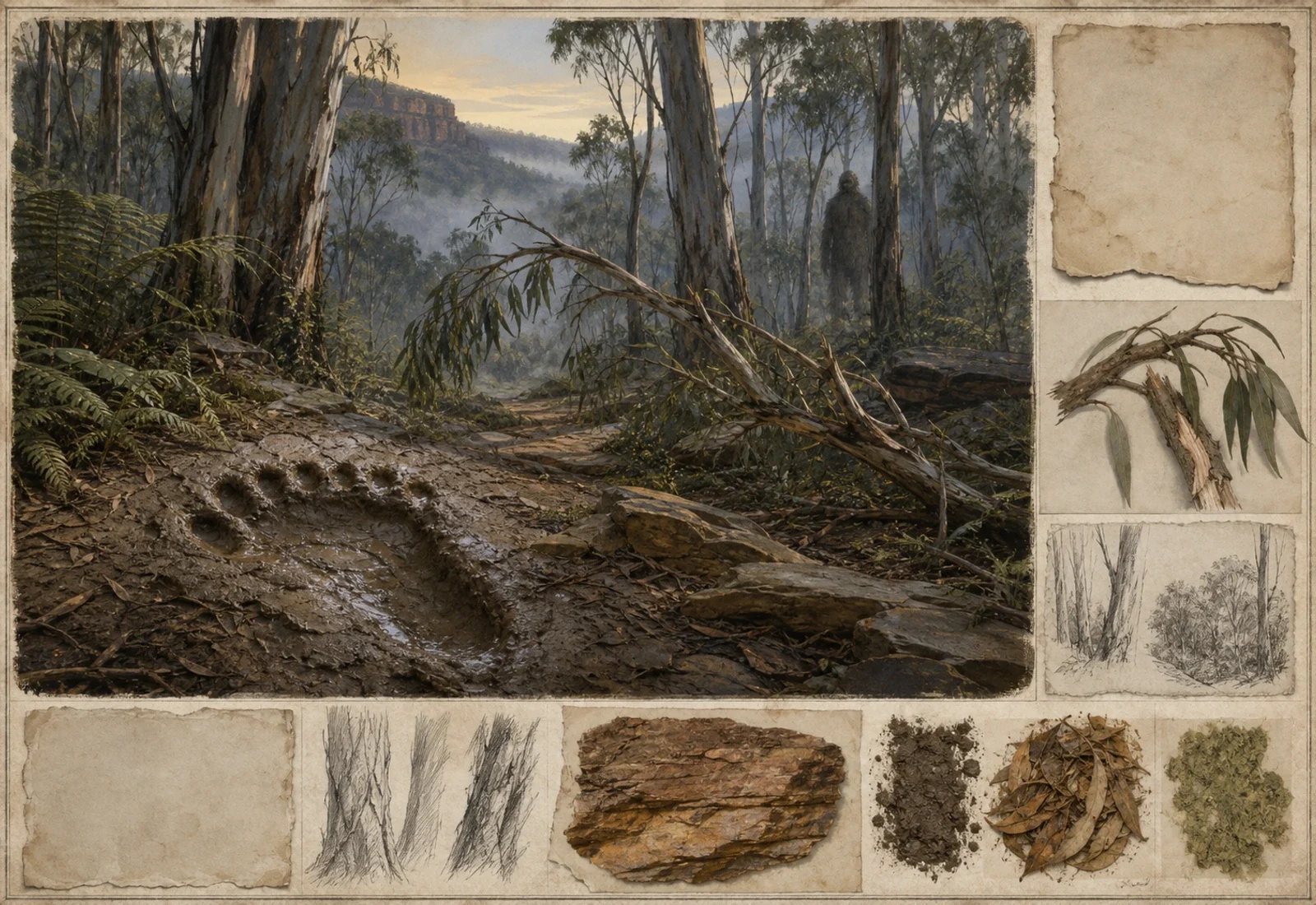 Archival-style Australian bush plate for Yowie with forest trail, large footprint, bark, scrub, and distant hairy silhouette.