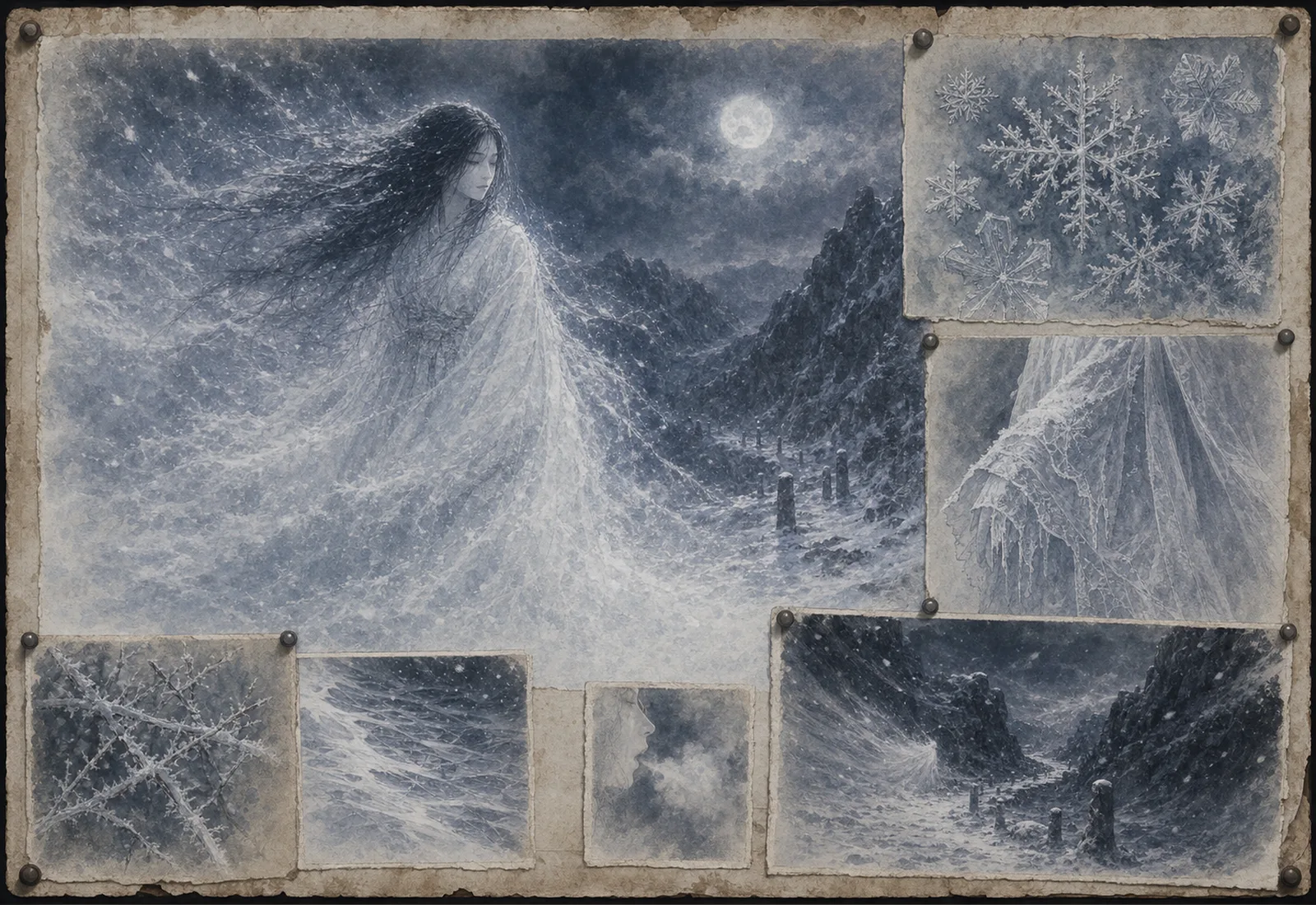 Archival-style winter plate showing Yuki-onna emerging from snow over mountain pass and frost study panels.