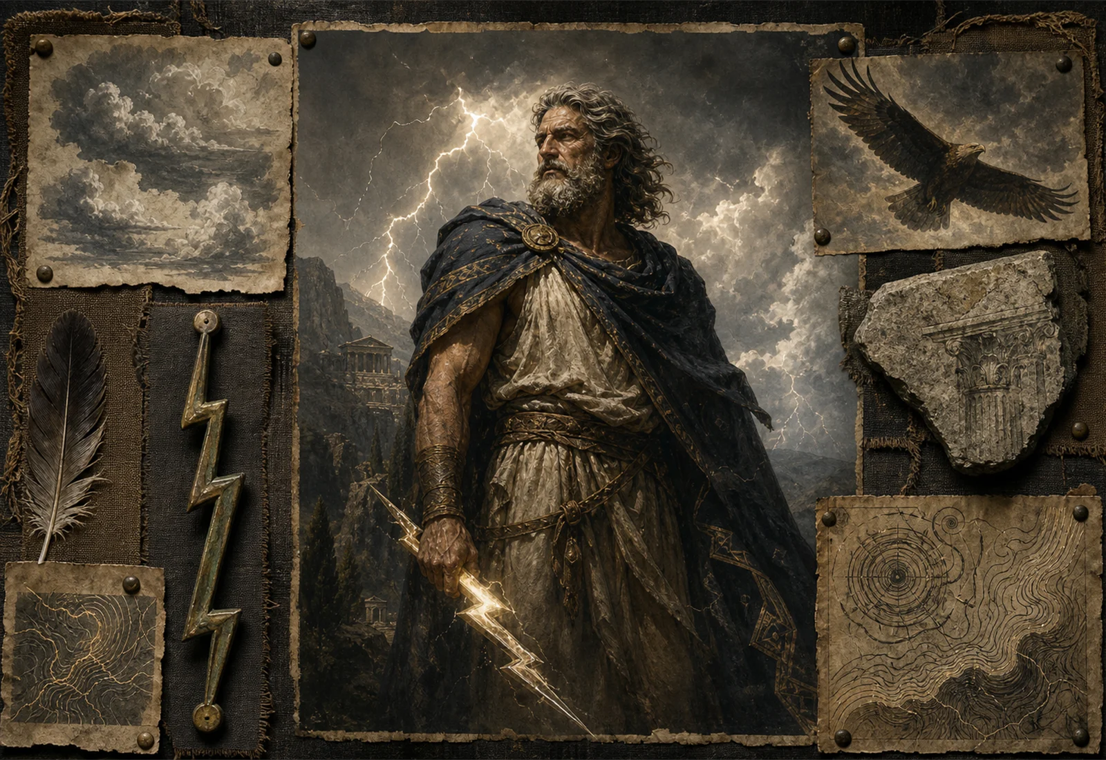 Archive reference plate of Zeus with storm clouds, thunderbolt, eagle, stone, and sky studies.